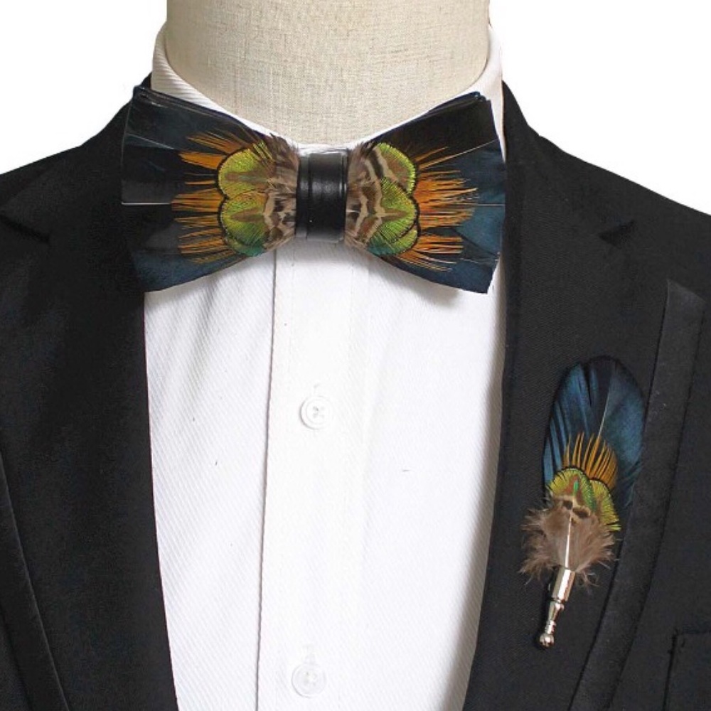 Handmade Blue and Emerald Green Feather Bow Tie Boutonnière Lapel Pin Set - Picture 1 of 12
